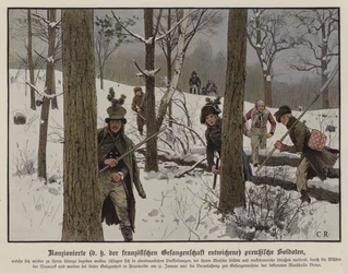 Preußische Soldaten entkommen der französischen Gefangenschaft, Januar 1807 (Farblithografie)