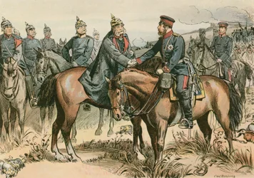 Wilhelm I., König von Preußen und erster Deutscher Kaiser (1797-1888) begrüßt seinen Sohn in Sadowa im Jahr 1866
