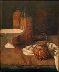 Stillleben mit Marasquinoflasche und Schale