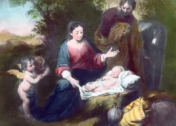 Das schlafende Christkind mit Engeln, Maria und Joseph, Gemälde (undatiert) von Bartolome Esteban Murillo, Bilddatum: ca. 1900