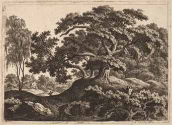 Landschaft mit Mann, der einen Karren schiebt