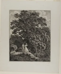 Waldlandschaft mit elegantem Paar unter einer Eiche