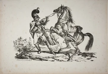 Kürassier zu Fuß, der sein steigendes Pferd zurückhält