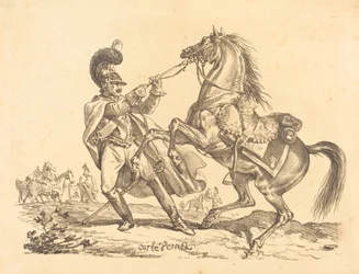 Kürassier, der sein steigendes Pferd zurückhält
