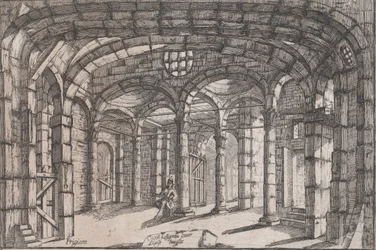 Innenansicht eines Gefängnisses mit einer sitzenden Frau, ca. 1680-1710