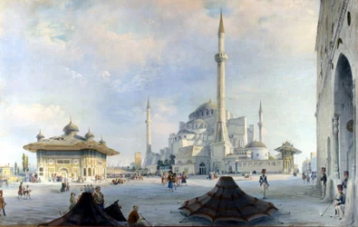 Die Moschee von Konstantinopel: Hagia Sophia. Gemälde von Carlo Bossoli