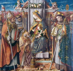 Thronende Maria mit dem Kind, die Schlüsselübergabe an den Apostel Petrus und mit den Heiligen Johannes Capistranus, Emidius, Franziskus, Ludwig von Toulouse, dem seligen Giacomo della Marca und einem Bischof