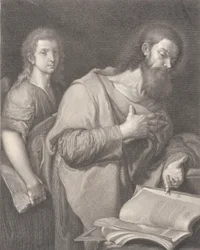 Heiliger Matthäus, steht vor einem Buch rechts mit einer Hand auf seiner Brust, ein anderer Mann..., 1750-84