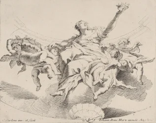 Macht, dargestellt durch eine Frau, die auf Wolken sitzt und eine Krone hält, umgeben von Putti