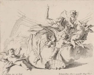 Reichtum, dargestellt durch eine Frau, die auf Wolken sitzt und von Putti umgeben ist, von denen einer..., 1725-75