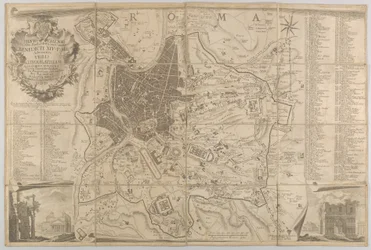 Plan des antiken Rom mit einer Ansicht des Pantheon unten links und einem Triumphbogen unten rechts, 1748