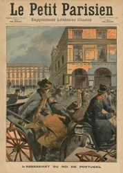 Ermordung König Carlos I., König von Portugal, Titelblattillustration aus der illustrierten Literaturbeilage von „Le Petit Parisien“, 16. Februar 1908