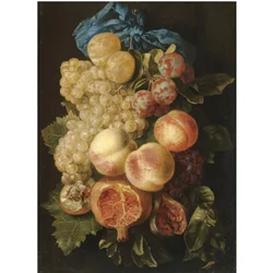 Stillleben mit Pflaumen, Trauben, Pfirsichen und einem Granatapfel mit blauer Schleife