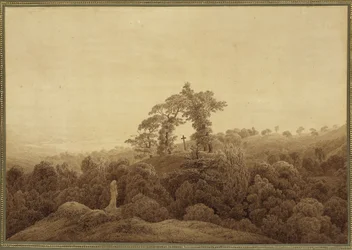 Küstenlandschaft mit Kreuz und Statue