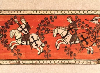 Ritter tragen Fahnen. Tempera auf Holz aus der Dekoration eines Daches. 13. Jahrhundert.
