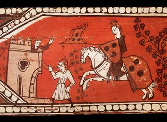 Ritter tragen Fahnen: der Ritter, die Prinzessin und der Herold. Tempera auf Holz aus der Dekoration eines Daches. 13. Jahrhundert.