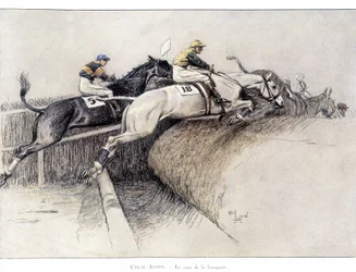 Das Grand National Steeplechase in Liverpool: Der Sprung vom Bankett - Zeichnung von Cecil Aldin