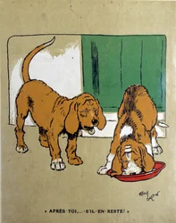 Das Gesetz des Stärkeren: „Nach dir, wenn noch etwas übrig ist...“ Ein Hund lässt den anderen fressen und die Schüssel leeren. Zeichnung von Cecil Aldin (1870-1935) 19. Jahrhundert. Paris, Kunstgewerbemuseum