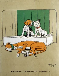 Warum springen wir nicht auf zwei Hunde, die zögern, eine schlafende Hefe zu wecken? Aquarell von Cecil Aldin