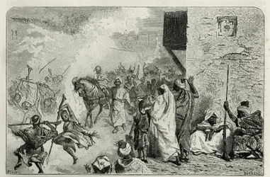 Ein Junge trägt triumphierend bei der Rückkehr der Beschneidungszeremonie, inmitten der Menge, die in die Luft schießt, während er schreit und sich wieder freut, Gravur von C. Biseo zur Illustration der Geschichte Le Maroc von Edmondo de Amicis