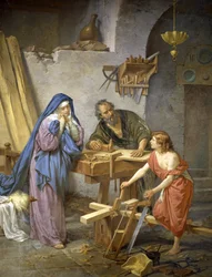 Joseph, Maria und Jesus in der Tischlerei