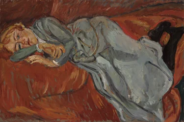 Auf einem roten Diwan liegende Frau, ca. 1916