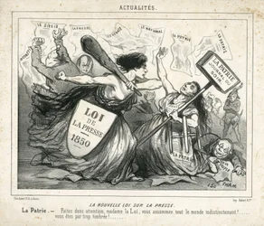 Illustration von Cham (1819-1879) in Le Charivari, circa 1850-4-3 - Das neue Gesetz über die Presse - Zensur, Presse/Medien, Gesetz - Proudhon Pierre-Joseph (1809-1965), Girardin Emile de (1806-1881) - Allegorie