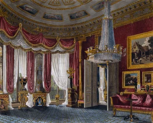 Rosa Satin-Salon, Gravur von Richard Reeve (geboren 1780), basierend auf einem Entwurf von Charles Wild (1781-1835), aus The History of the Royal Residences