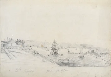Rechts das Lager der Franzosen der Baudin-Expedition am Bennelong Point, links Sydney, Heimat von Nicolas Bayley - Bleistift und Tinte von Charles Alexandre Lesueur