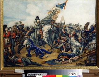 Napoleon I. (1769-1821) in der Schlacht bei Waterloo am 18. Juni 1815. Gemälde von Charles de Steuben (1788-1856). 40 x 55 cm