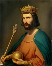 Porträt von Hugo Capet (941-996), König von Frankreich im Jahr 987. In der Hand hält er einen Reichsapfel und ein Zepter, Symbole der Macht. 19. Jahrhundert. Maße: 0,91 x 0,74 m