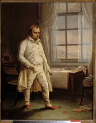 Porträt Napoleons I. (1769-1821) auf St. Helena, in einem Zimmer in Longwood seine Memoiren diktierend. Gemälde (1788-1856), 1820. Maße: 0,62 x 0,51 m. Île d