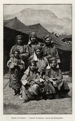 Kurden von Petchara (Türkei). Gravur von Barbant zur Illustration der Geschichte „Durch russisches Armenien, Karabagh, Tal des Araxes, Ararat-Massiv“ von Madame B. Chantre, in Le tour du Monde 1892, herausgegeben von Edouard Charton (1807-1891), Hachette, 