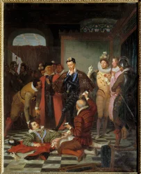 Heinrich III., König von Frankreich, stößt den Leichnam von Henri I. von Lothringen, Herzog von Guise, genannt der Balafré, nach seiner Ermordung im Schloss von Blois