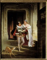 Die Marquise von Noirmoutiers, Charlotte de Beaune Semblancay, versucht Heinrich I. von Lothringen, Herzog von Guise, davon abzuhalten, zur Versammlung der Generalstände von Blois zu gehen, vor seiner Ermordung 1588 im Schloss von Blois