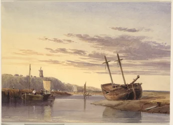 Fischerboote im Hafen von Rye, mit einer Windmühle in der Ferne