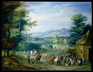 Die Weinlese, Figuren in einer ländlichen Landschaft