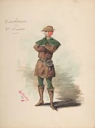 Kostümentwurf für Touchstone [a], Beschreibungsblatt des Kostüms und Zubehörs..., 1889