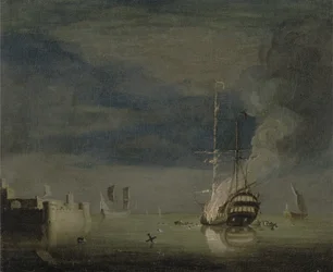 Ein Zweidecker in der Nacht vor einer Festung in Brand, ca. 1740