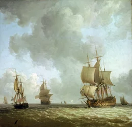 Schiffe der britischen Royal Navy im Ozeanwind, um 1750