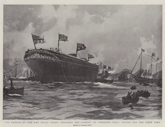 Der Stapellauf der neuen königlichen Yacht Victoria und Albert in Pembroke Dock, zum ersten Mal im Wasser