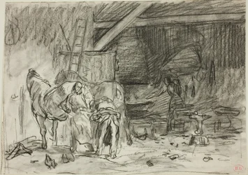 Innenansicht einer Schmiede (recto); Mann, der sich bückt, von hinten gesehen (verso)