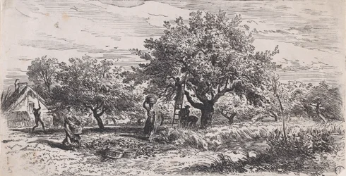 Obst pflücken vom Baum vor dem Häuschen, ca. 1852