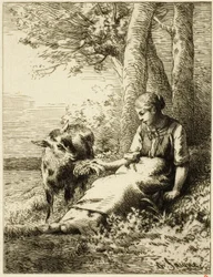 Hirte mit Schafherde am Waldrand