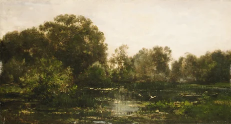 Eine Flusslandschaft mit Störchen, 1864