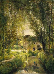 Landschaft mit einem sonnenbeschienenen Bach, um 1877