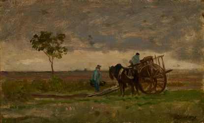 Weite Landschaft mit Bauernwagen