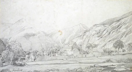 Ansicht von Gebäuden in einem ummauerten Gehege mit Bergen im Hintergrund, Mitte des 19. Jahrhunderts