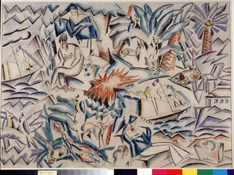 Mittelmeerlandschaft mit Booten, Tieren, Vegetation (Palme) und Figuren