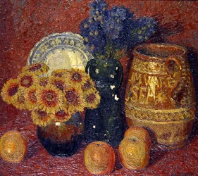 Stillleben: Blumen, Keramik und Äpfel